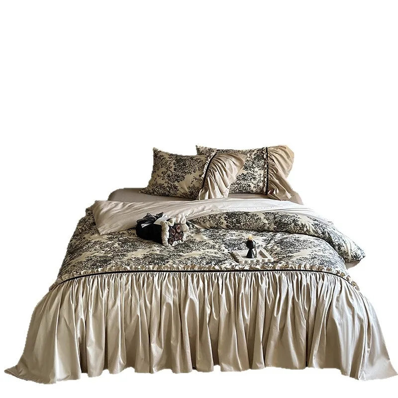 French cotton satin sheets four-piece cotton quilt cover printed retro lace premium bedding