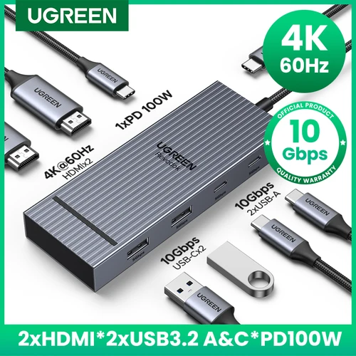 Imagen 1 del producto UGREEN USB-C HUB Dual HDMI 7 en 1 tipo C a 4K60Hz 2HDMI 10Gbps puertos USB-A y C PD100W para MacBook portátil USB divisor acoplamiento