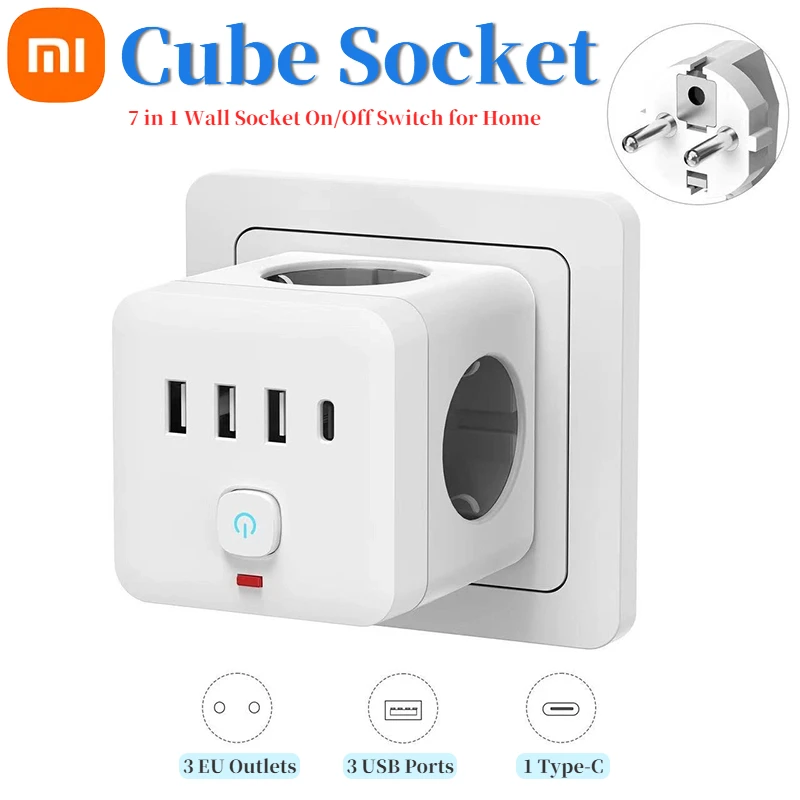 

Адаптер питания Xiaomi Multi Socket Cube с 3 портами USB + 3 розетками переменного тока + 1 настенная розетка типа C 7 в 1 для дома