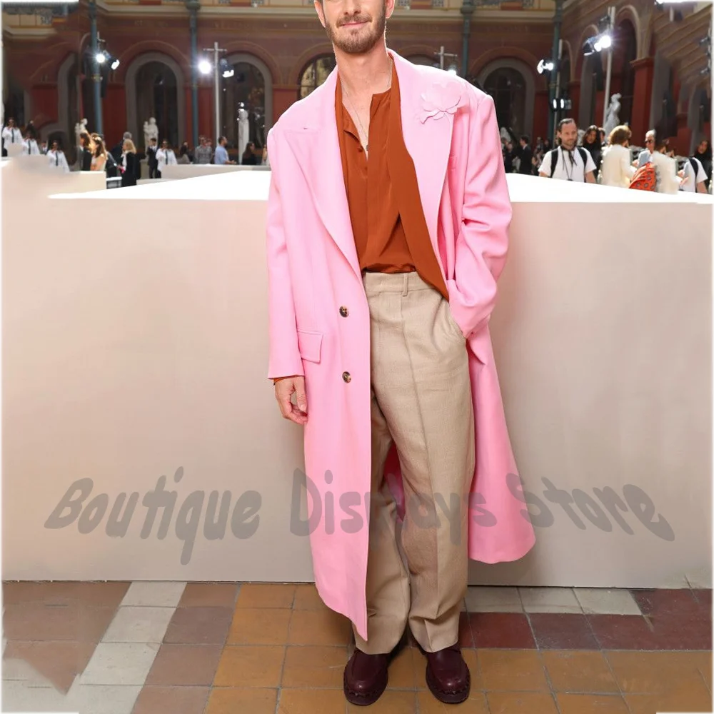 Chic Pink Men's Suit Jacket One Piece Oversized Peak Lapel Long Coat Pure Color Luxury Fashion Streetwear Blazer for Prom Daily