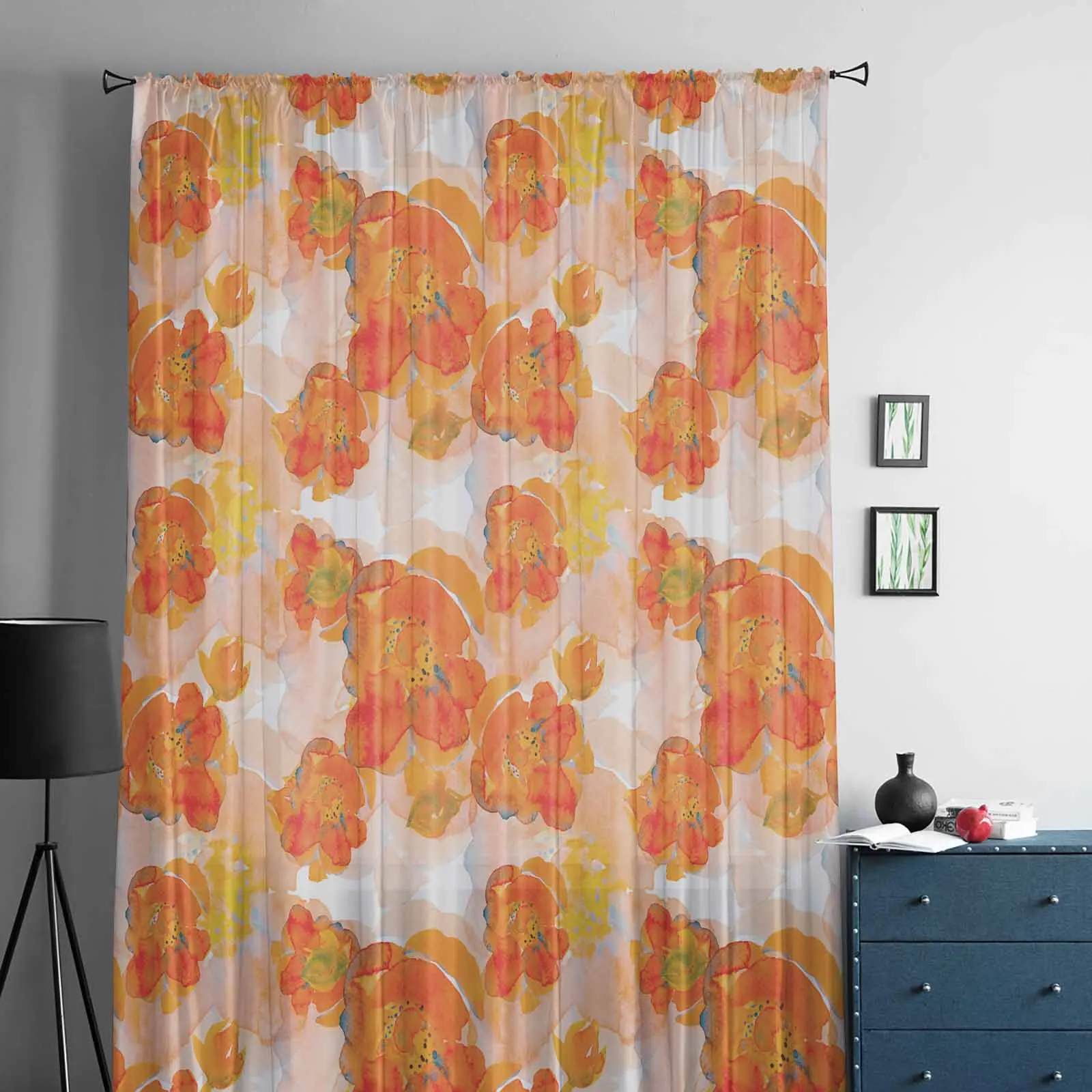 Hand Painted Orange Watercolor Flowers Tulle Window Curtains for Bedroom Luxury Home Decor Drapes in Living Room Chiffon Panels