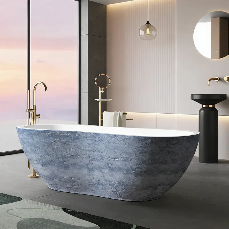 Designer solid carved yellow travertine bathtub, natural stone surface smooth can be exported freestanding bathtub