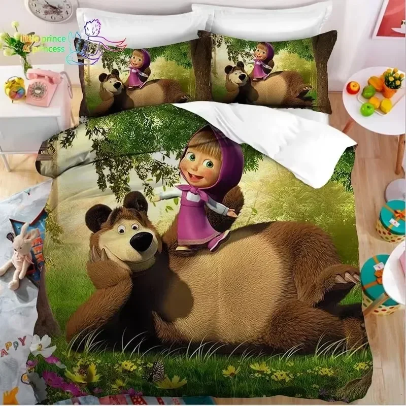 

Luxury New Kawaii Mashas and Bear Bedding Set Single Twin Full Queen King Size Bed Set Adult Kid Bedroom Bedding Gift
