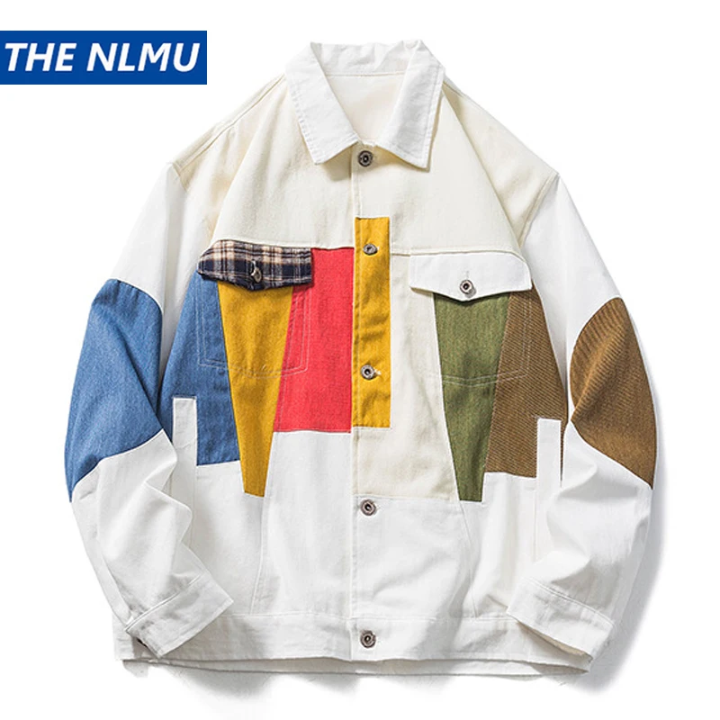 

Vintage Hip Hop Streetwear Jacket Color Block Patchwork Jacket 2023 Men Autumn Harajuku Cotton Casual Jacket Coat Outwear
