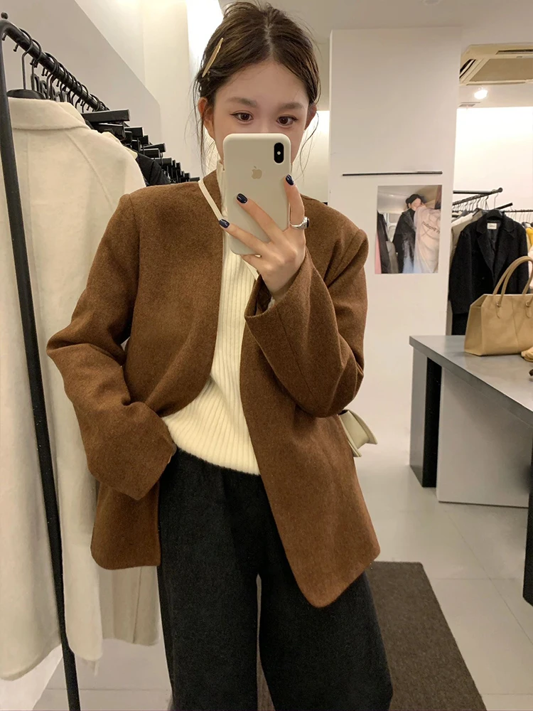 

Retro V-neck Suit Jacket Loose Style Elegant Korean Version Autumn Winter New Arrival Women's Premium Quality Long Sleeve Coat