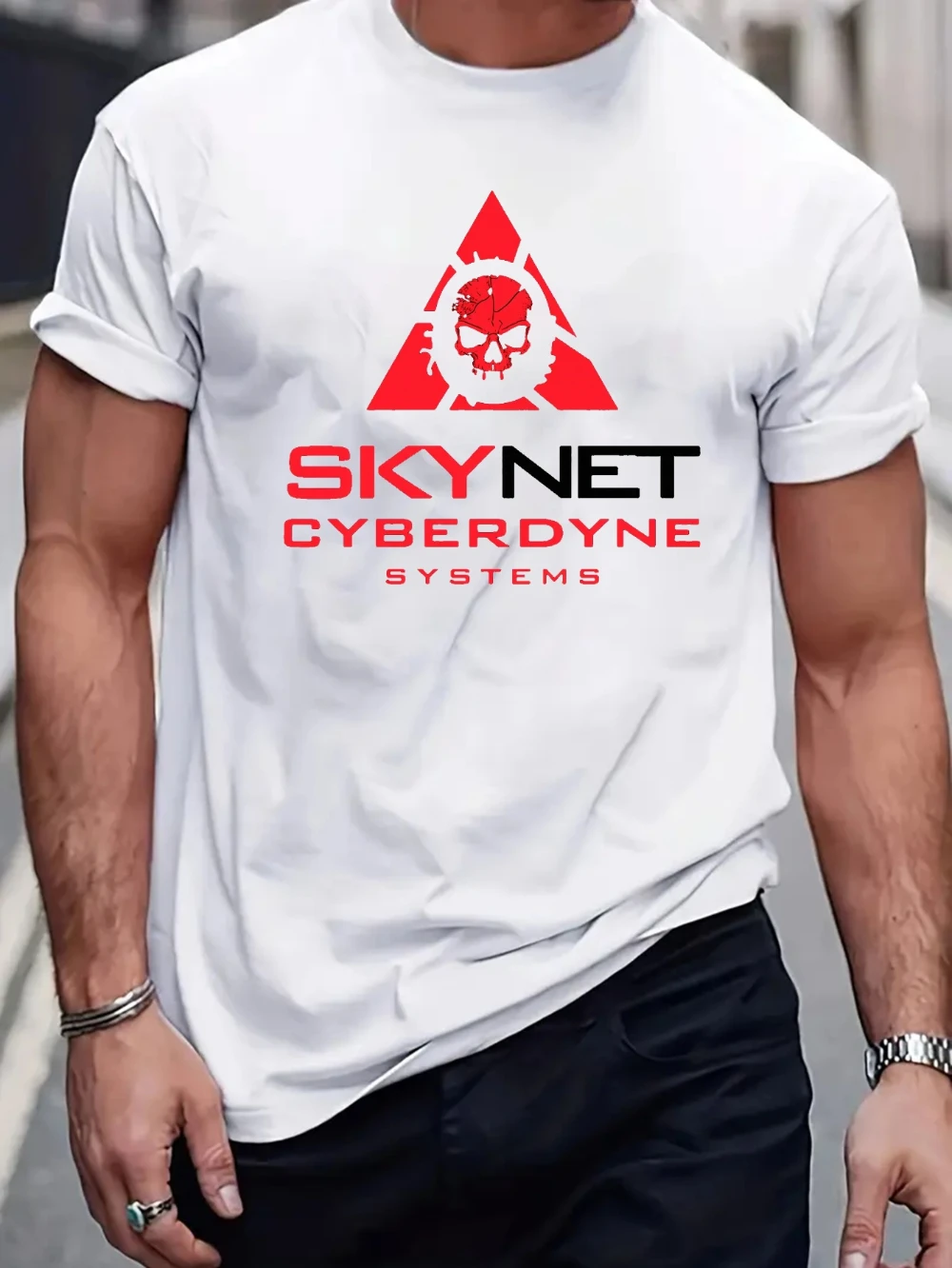 Herren Cyberpunk-Muster T-Shirt - Schwarz mit Rot-Weißem SKYNET und CYBERDYNE System Aufdruck Lässiges Sommer-Shirt