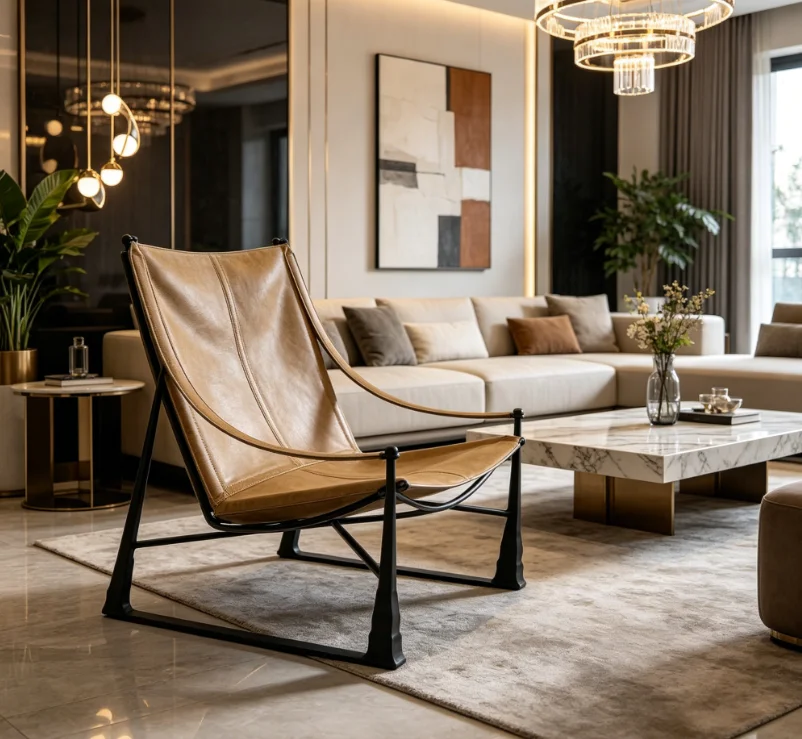 #Rustic Tan Sling Chair with Metal Legs, Mid-Century Inspired Sling Seat, Statement Piece for Casual Spaces