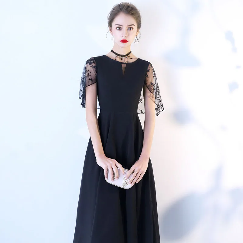 DongCMY-Vestido largo de noche negro para mujer, prenda elegante con manga de malla, temperamento, para fiesta social, novedad de 2024