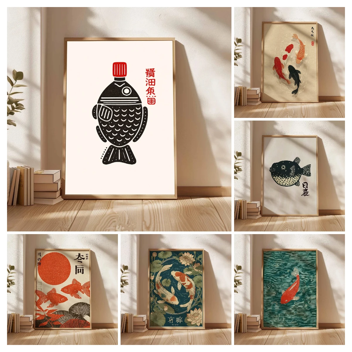 Toile murale japonaise amusante avec poisson Koi, impression de style Ukiyo-e vintage, décoration pour la maison, restaurant Izakaya, sans cadre