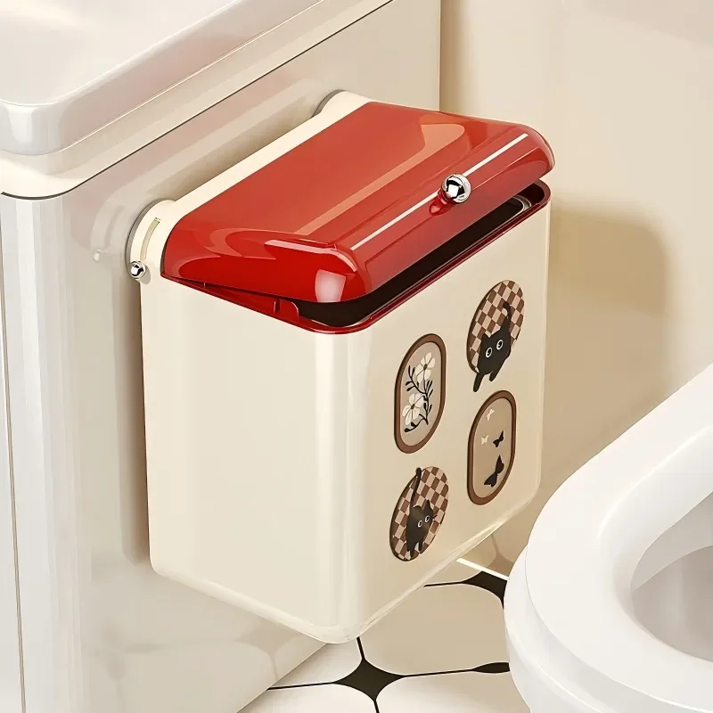 Wall Mounted Trash Can with Lid Suction Cup No Drill Bathroom Garbage Bin for Powder Room Toilet Seam Storage Cute Design