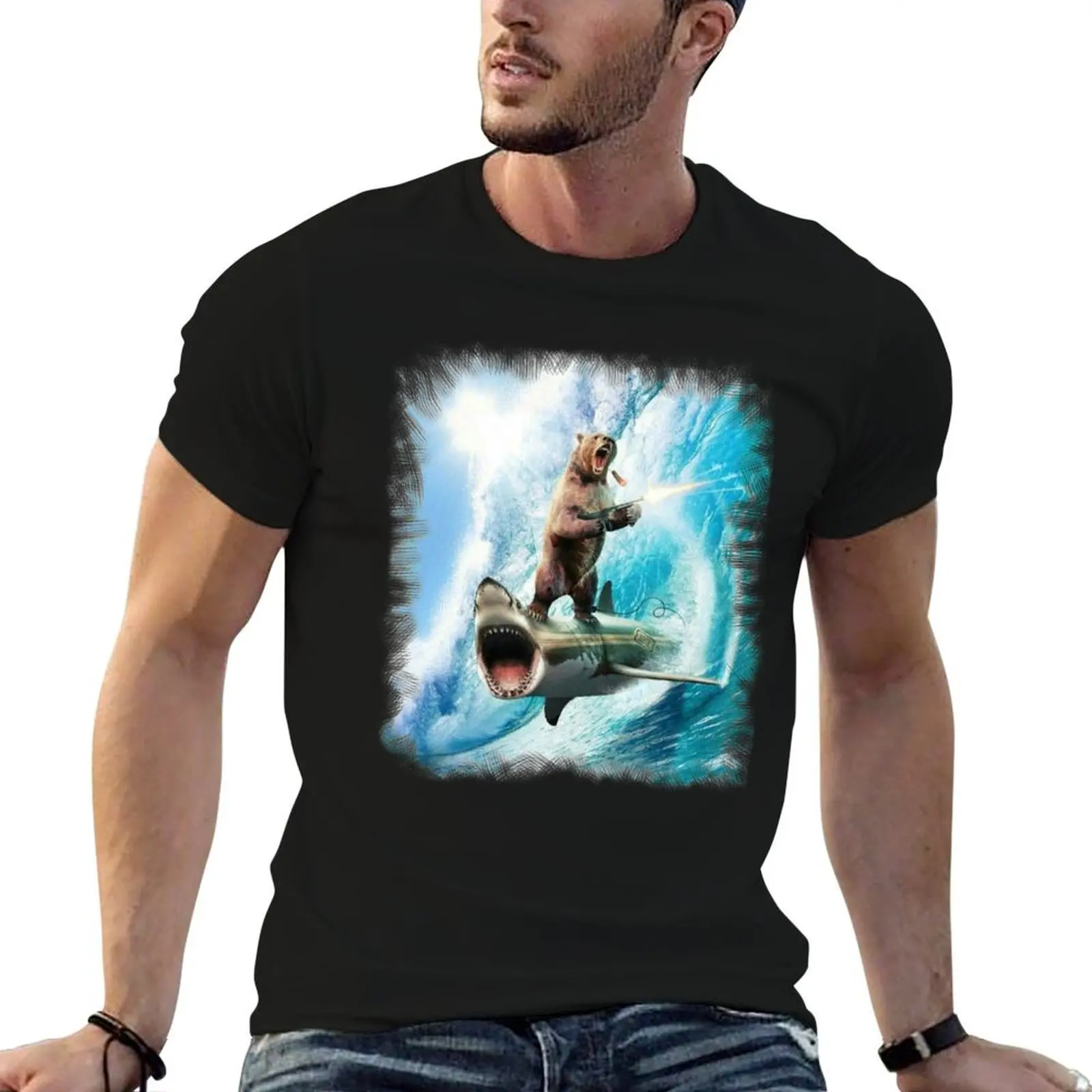 Bear Surfing On Shark T-Shirt street wear valentines boutique clothes tshirts for men