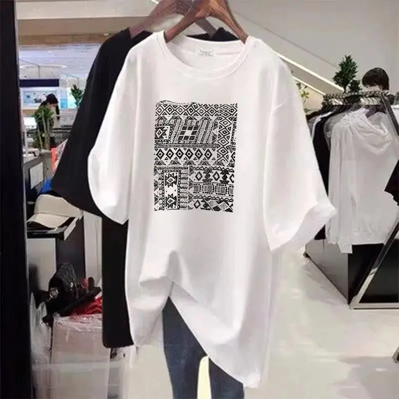 Women's Pullover Summer Short Sleeve Round Neck Geometric Printing T-shirt Casual Loose Office Lady Preppy Style Midi Tops