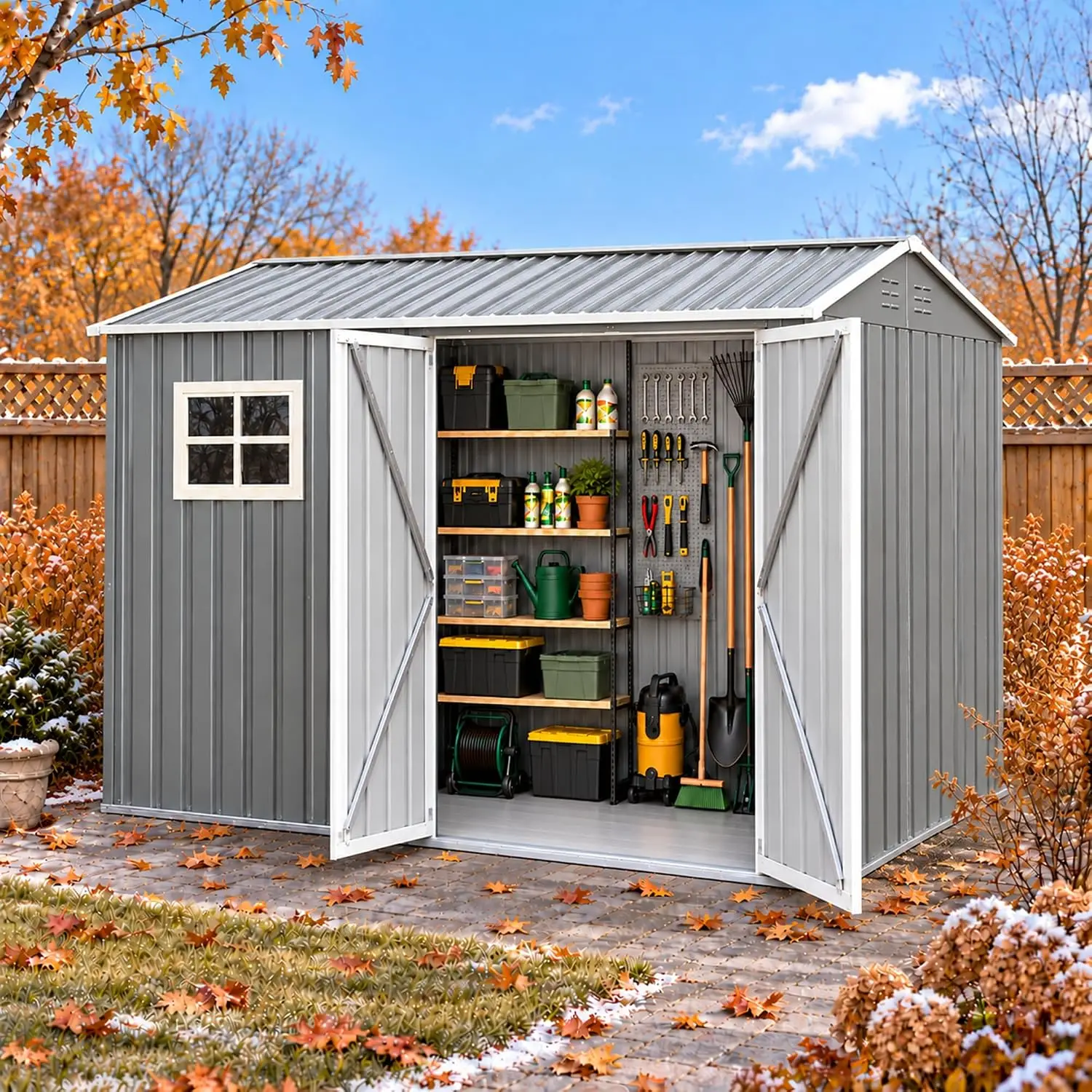 Outdoor Storage Shed Metal Gable Roof Gray 8x10 FT, Customized