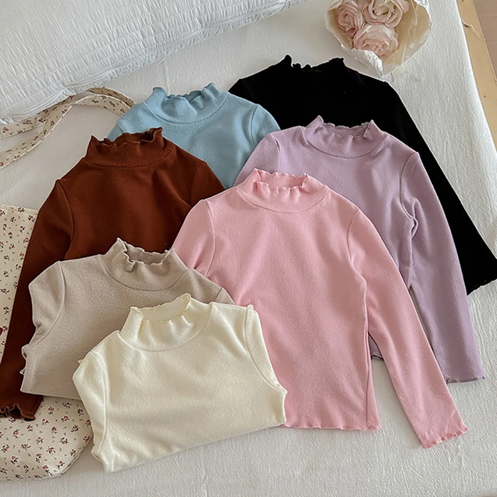 2-8Y Girls Solid Color Bottoming shirt Autumn Winter Kids High Collar Velvet Warm Long Sleeve T-shirts Tops Children Clothes Tee