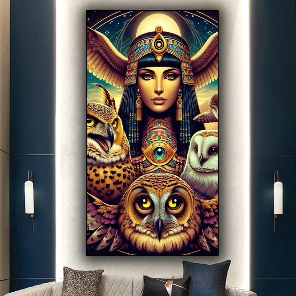 Golden and Beautiful Egyptian Woman with Owl 5D Diy Large Diamond Painting Kits New 2025 Cross Stitch Kits Diamond Embroidery