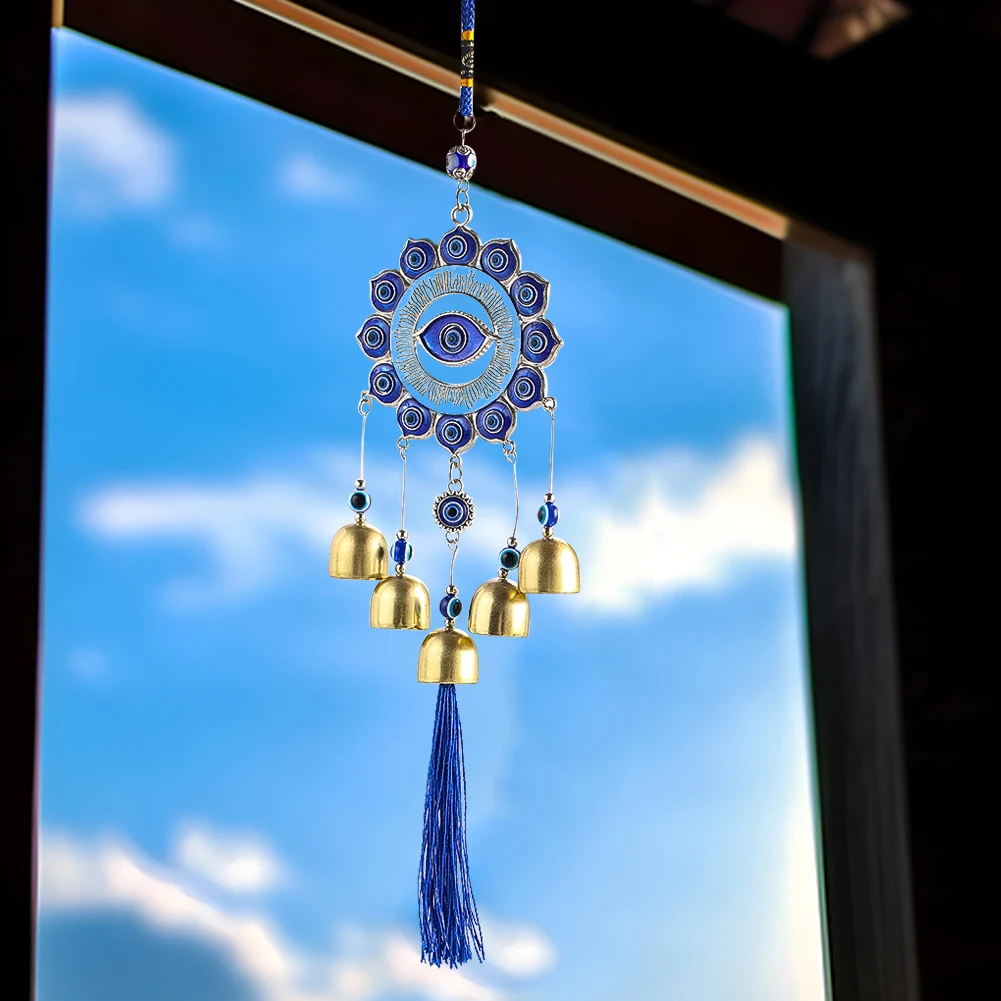 Evil Eye Wind Chime Turkish Nazar Amulet Hanging Ornament With Brass Bells Tassel For Home Garden Window Protection Decor Gift