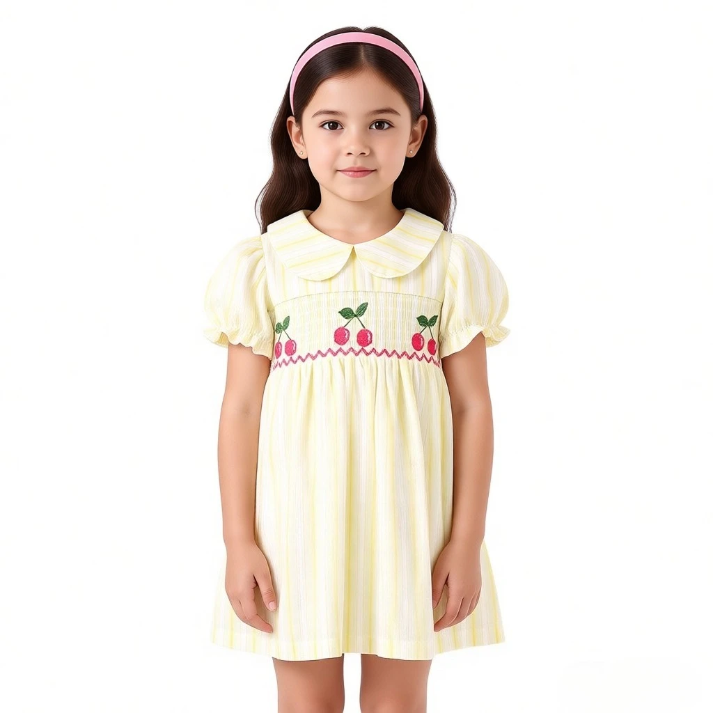 

Spanish Style Girls Summer Dress Doll Collar Short Sleeve Cute Cherry Embroidery Smocked Dress Princess Party Casual Dresses