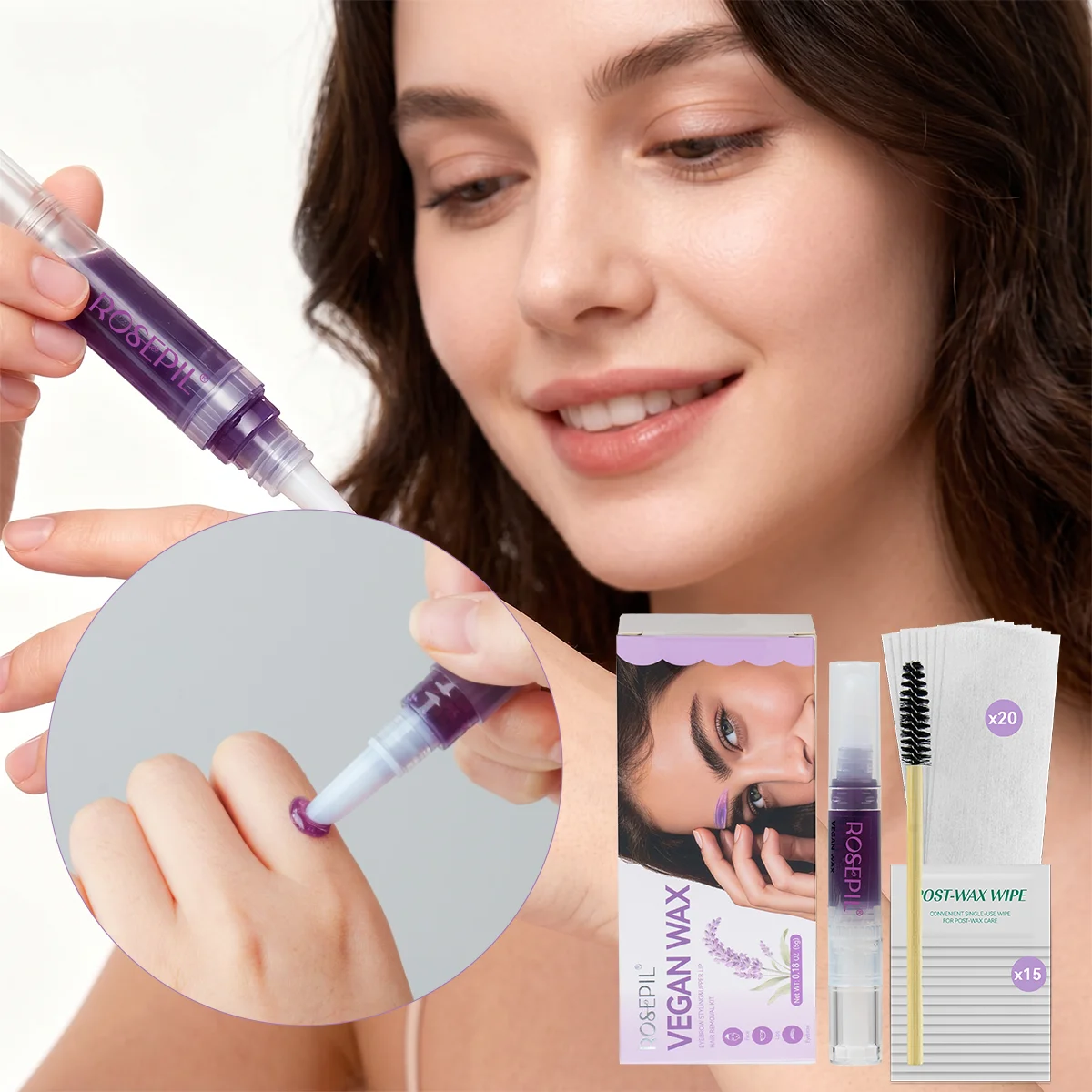 ROSEPIL  37Pcs  Lavender Scent Eyebrow Wax Kit, Hypoallergenic Mild Formula Wax Strips for Eyebrow Lip Beard Finger Hair Removal
