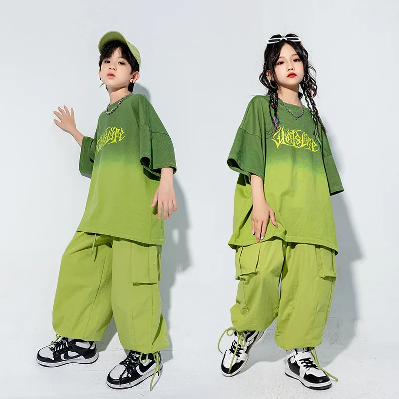 Kid's Kpop Hip Hop Vestuário, Camiseta extragrande gradiente, Top verde, Corador casual, Calças cargo, Menina, Menino, Fantasia de dança Jazz, Roupa