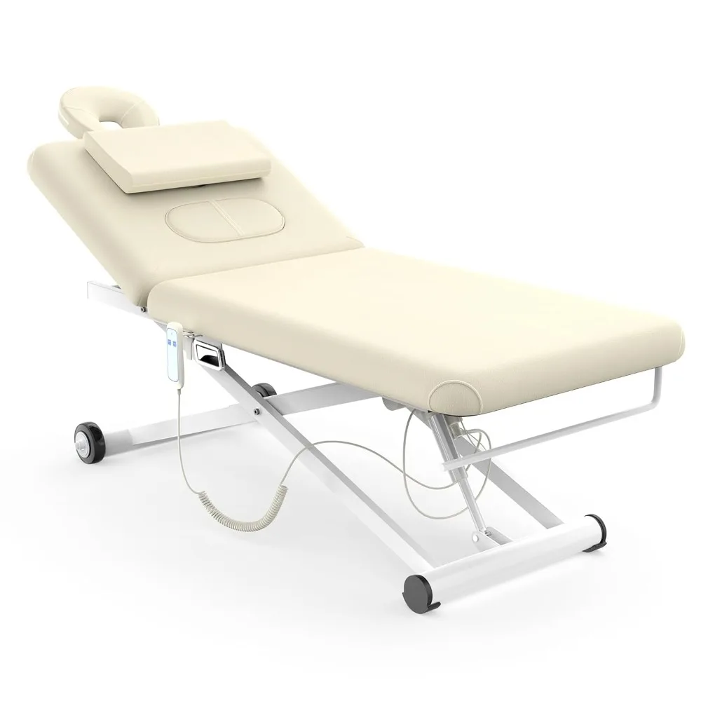 

Electric massage bed with adjustable height via electric lift motor and manually adjustable backrest angle