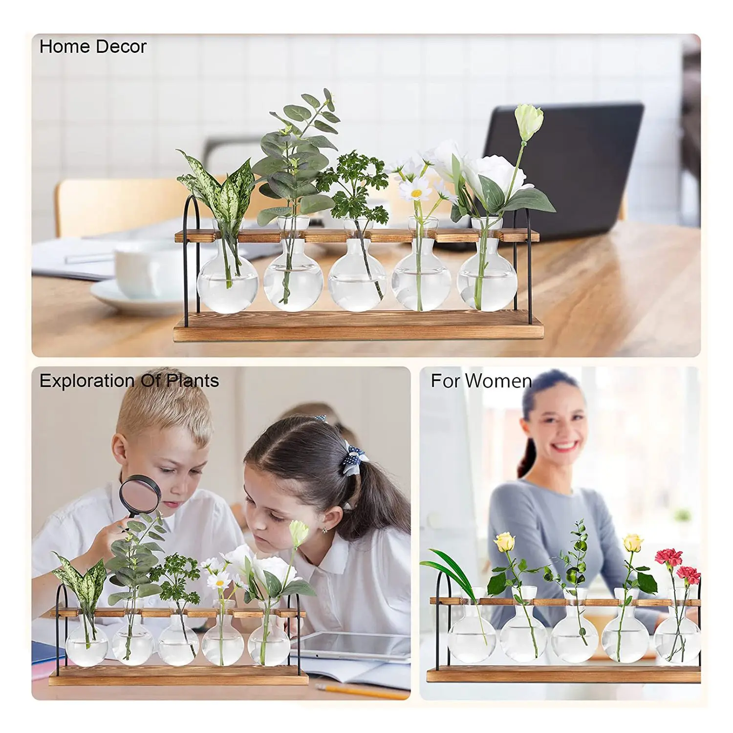 J1UL1N Plant Propagation Station With Wooden Stand,Plant Terrarium Desktop Propagation Stations,Air Planter Bulb Glass Vase