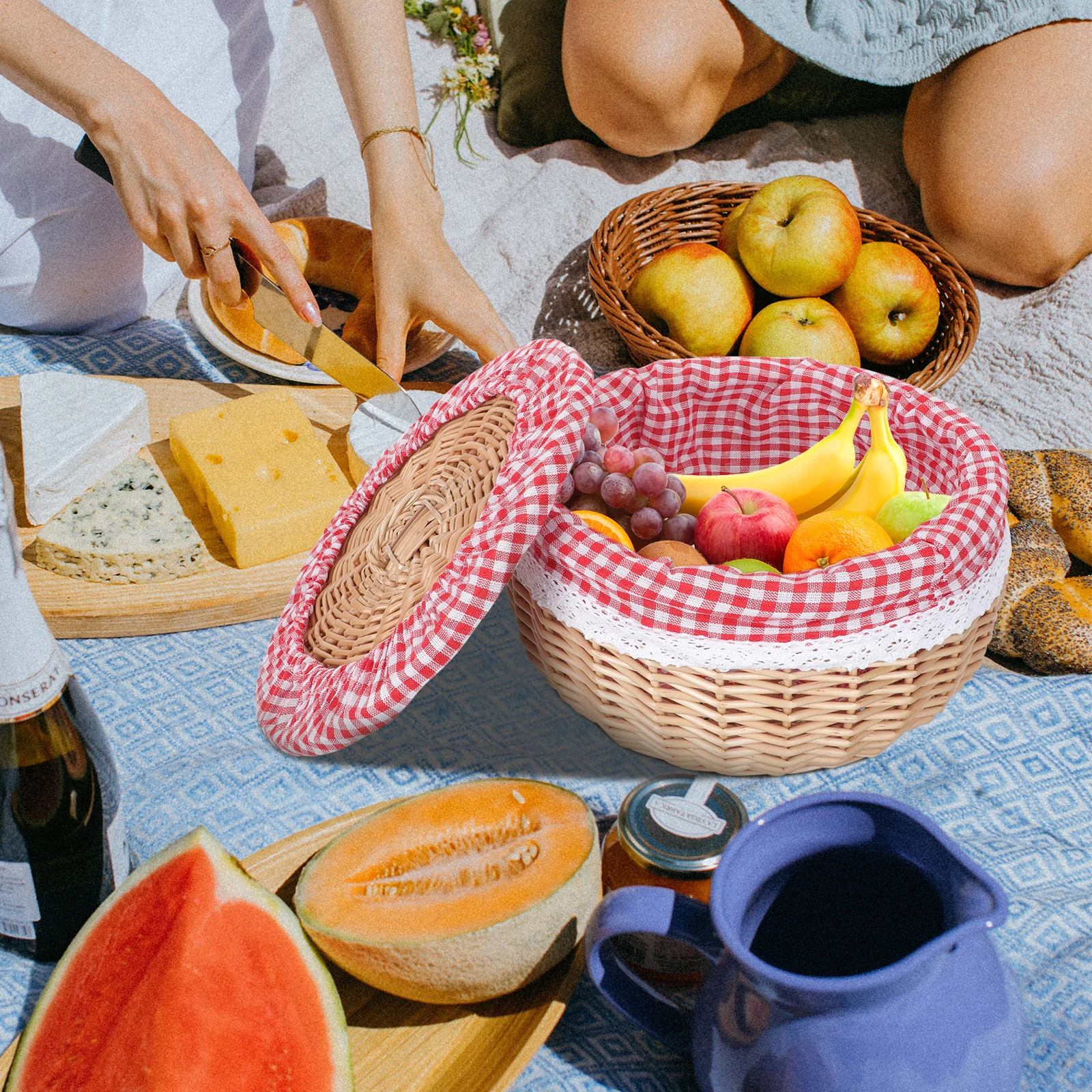 

Rattan Food Storage Basket Woven Bread Snack Holder Kitchen Fruits Multi function Safe Dustproof Picnic Camping Garden