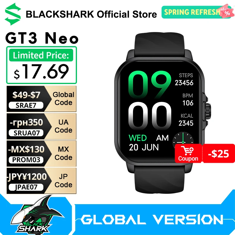 Глобальная версия смарт-часов Black Shark GT3 NEO с TFT-дисплеем 2,01 дюйма, 100+ спортивными режимами, 7-дневным временем автономной работы и голосовым помощником AI