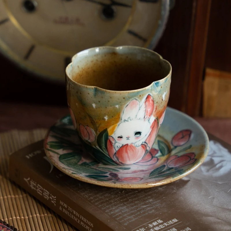 Coffee cup hand-painted rabbit ceramic cup and saucer set, latte cappuccino cup, high-end exquisite lace mouth cup.