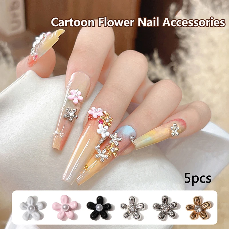 

5 шт., милые мультяшные пятилепестковые цветы, подвески для ногтей, сплав, смешанные 3D жемчужные цветы, стразы для ногтей, украшения для дизайна ногтей, аксессуары