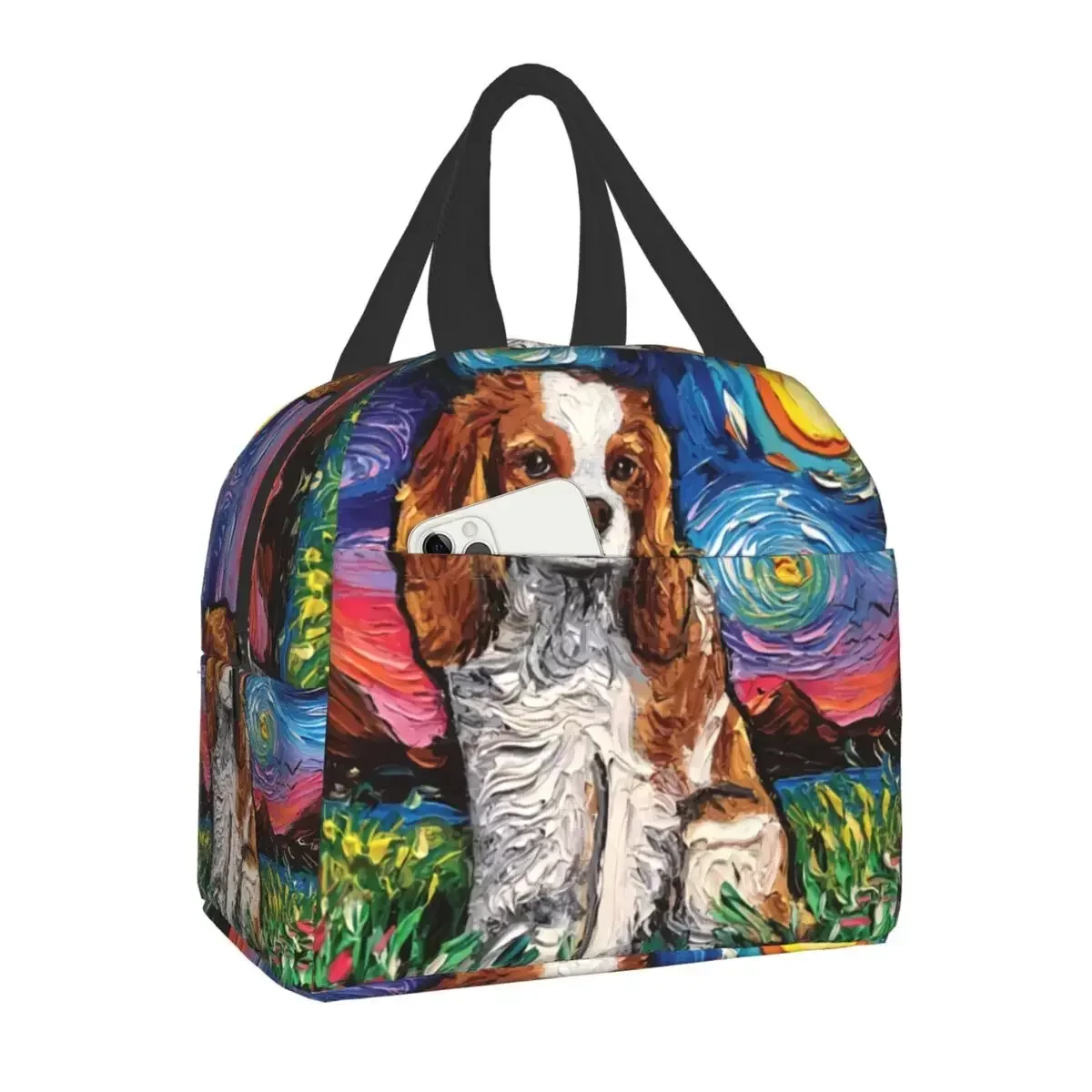 Starry Night Dog Cavalier King Spaniel Insulated Lunch Bag Resuable Cooler Thermal Lunch Box for Women Kid Picnic Travel