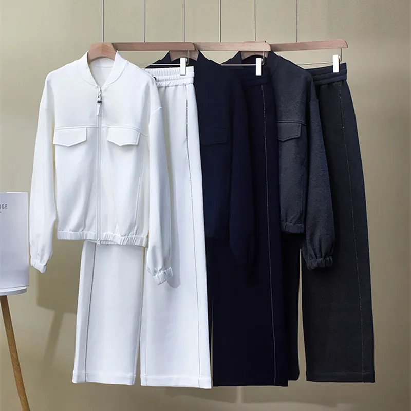 

Новый осенне-зимний костюм-куртка, повседневная хлопковая куртка-цепочка с бисером и прямыми широкими брюками, комплект из двух предметов