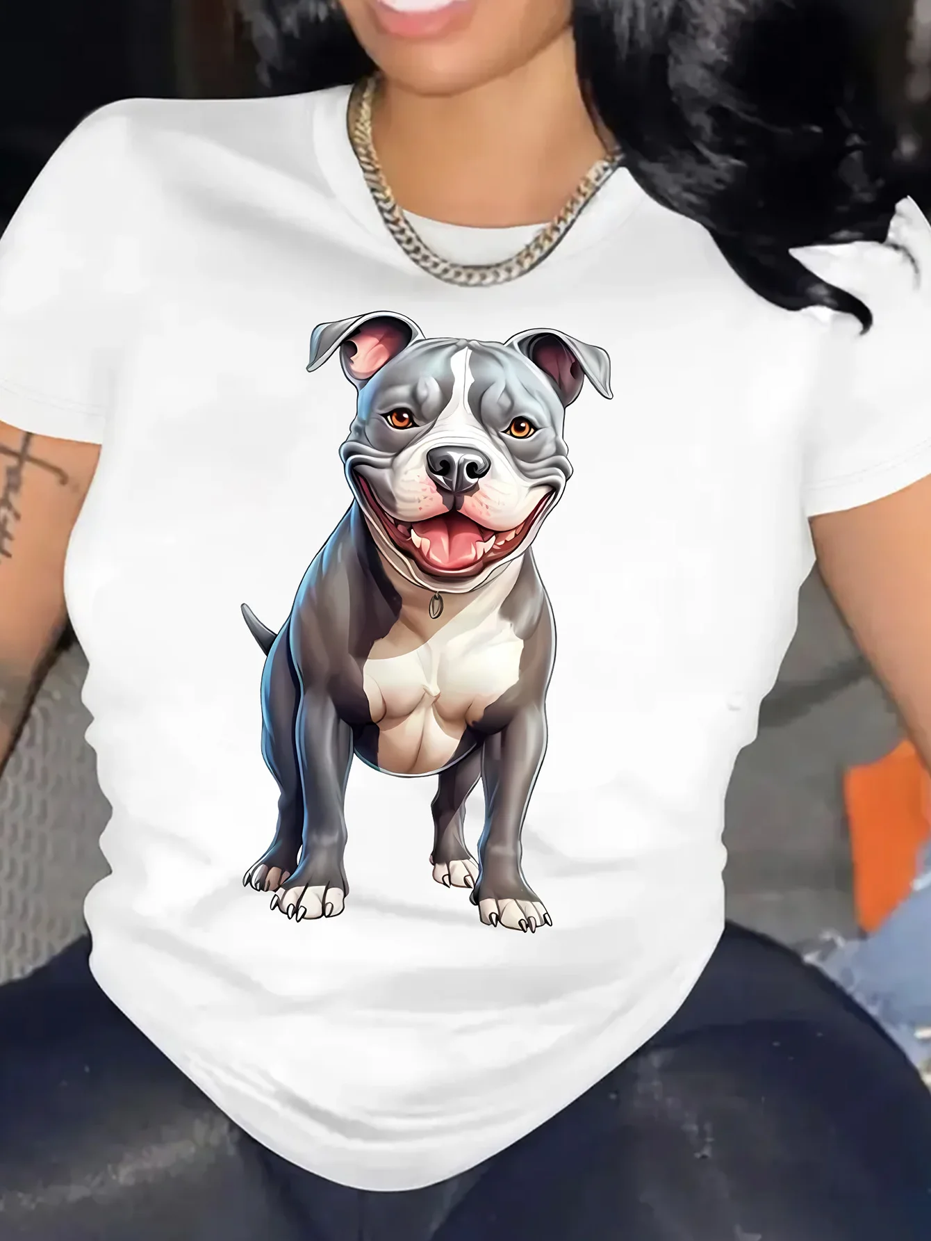 تي شيرت نسائي كاجوال برسومات بيتبول الأمريكية، تي شيرت ناعم قابل للتمدد برقبة دائرية وأكمام قصيرة، مناسب للفصول الأربعة، لمحبي الكلاب #2