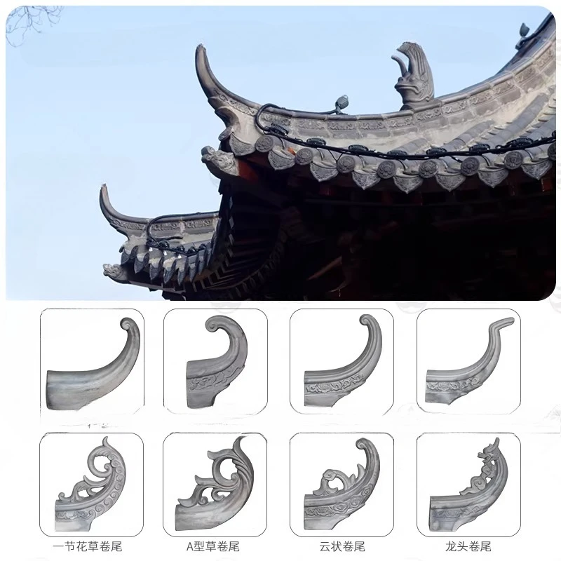 Ancient building roof cornice corner cloud curl tail three-star ridge curl tail flower ridge curl tail dragon and phoenix