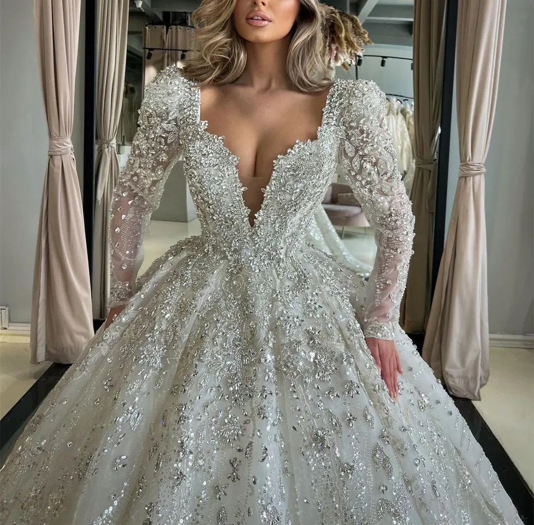 Luxurious Crystal Wedding Dresses Beaded Bride Ball Gown Sequins Princess Bridal Dress Long Sleeves Customized Vestidos De Novia