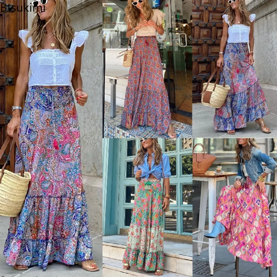 

2024 Women's Summer High Waist Long Floral A-Line Skirt Casual Beach Faldas Female Boho Elastic Waist Holiday Party Maxi Skirt