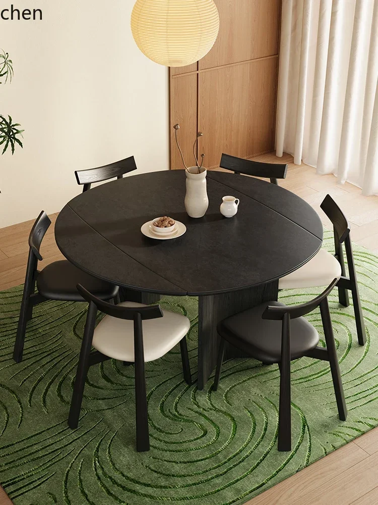 HYSW5.19 Retro Solid Wood Folding Dining Table Extendable Convertible Round Table Black Rock Slab