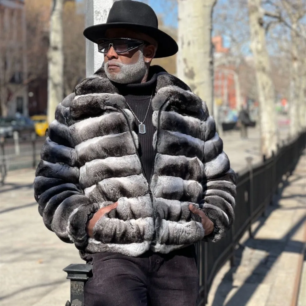 New Men's Real Rex Rabbit Fur Bomber Jackets High Quality 100% Genuine Chinchilla Fur Coat Warm Furry Soft Fluffy Lapel Overcoat