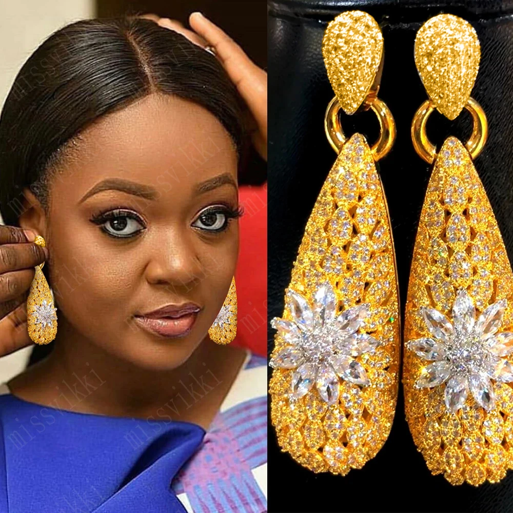 

Missvikki Luxury Waterdrop Flower Earrings Full Mirco Paved Cubic Zircon Naija Dubai Wedding Earring Fashion High End Jewelry