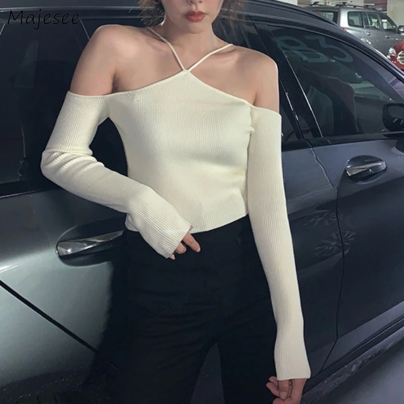 

Pullovers Women Slim Fit Halterneck Sexy Sweater Off-shoulder Spaghetti Strap Korean Fashion All-match Hotsweet Spring Cropped