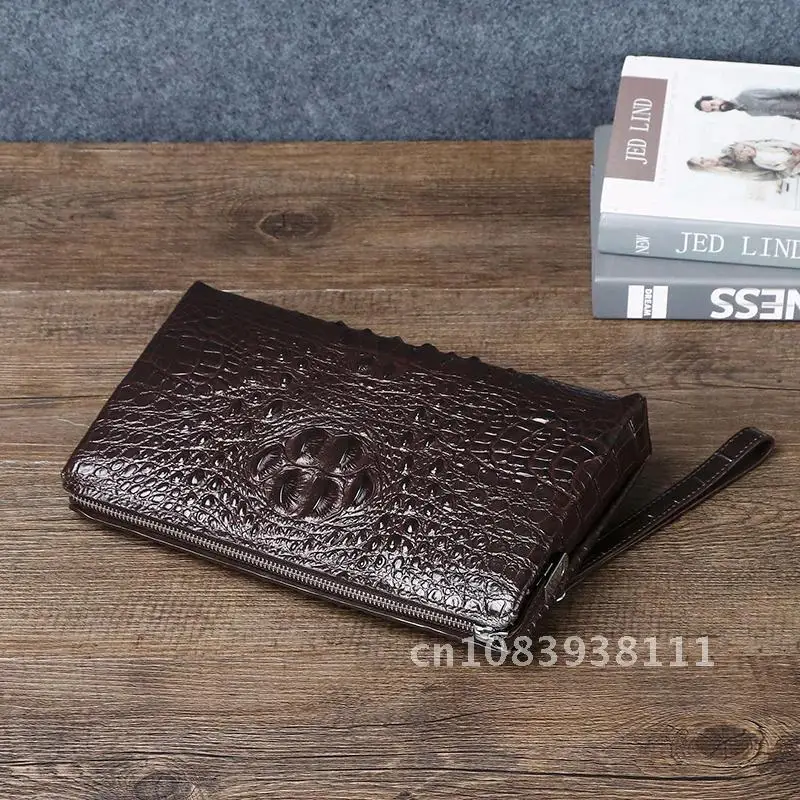 High Quality real leather bag Crocodile pattern Men's Clutch bag genuine leather high-capacity cowhide bag Brown