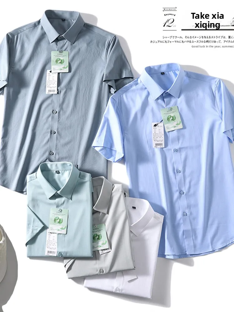Silky Glossy Lightweight Men's Summer Casual Short Sleeve Shirt Silk Blend Thin Fabric Smooth Feel Youth Fashion Standard Fit