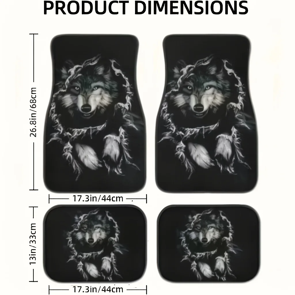 Four-Piece Black & White Animal Print Car Mats | Wolf/Deer/Lion/Forest - Polyester, Universal Fit - Noble Interior Accessory