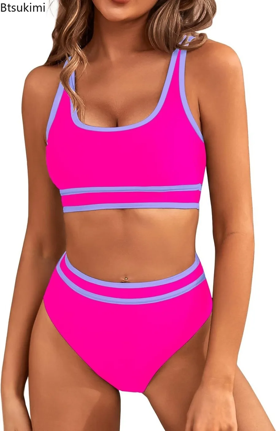 2025 Women's Sporty Strappy Bikinis High Waist Swimsuit Solid Sexy Swimwear Female Bathers Bathing Swimming Swim Suit Beachwear