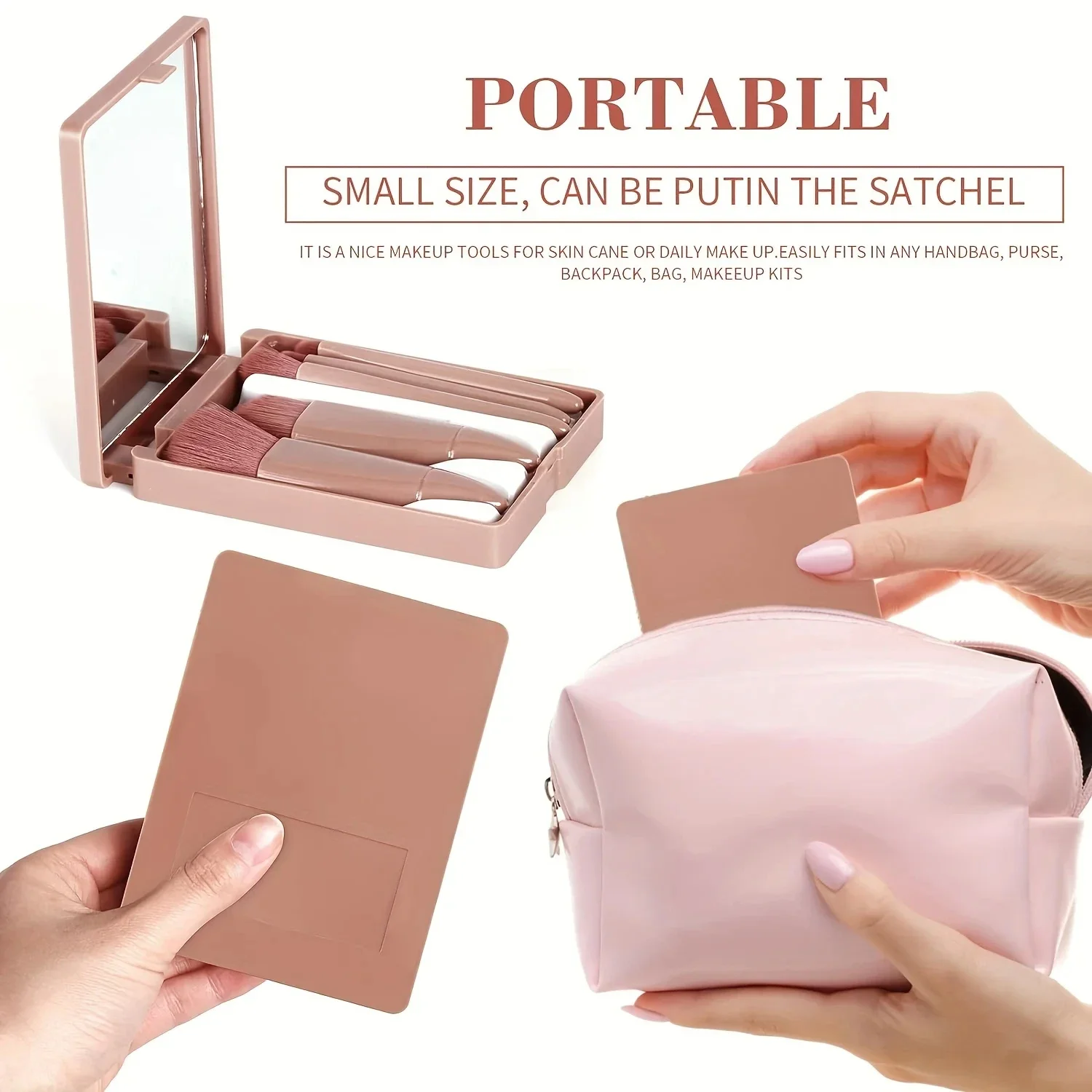 ชุดแปรงแต่งหน้า 5 ชิ้นพร้อมกล่องกระจก แปรงแต่งหน้าสำหรับเดินทาง แปรงแต่งหน้ามินิอเนกประสงค์แบบพกพา ชุดแปรงแต่งหน้าแปรงปัดแป้ง