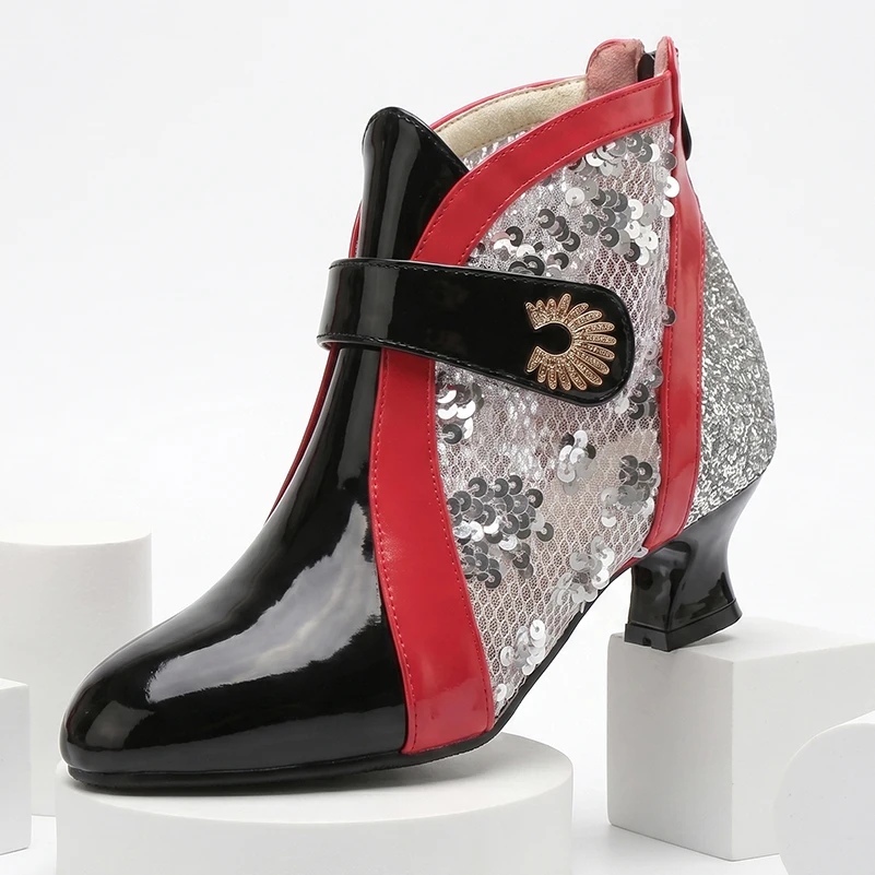 

Patent Leather Patchwork Hollowed White Checkered Mesh Fabric Inlaid Sequins Breathable Zip Summer Short Boots Mid Heeled Boots