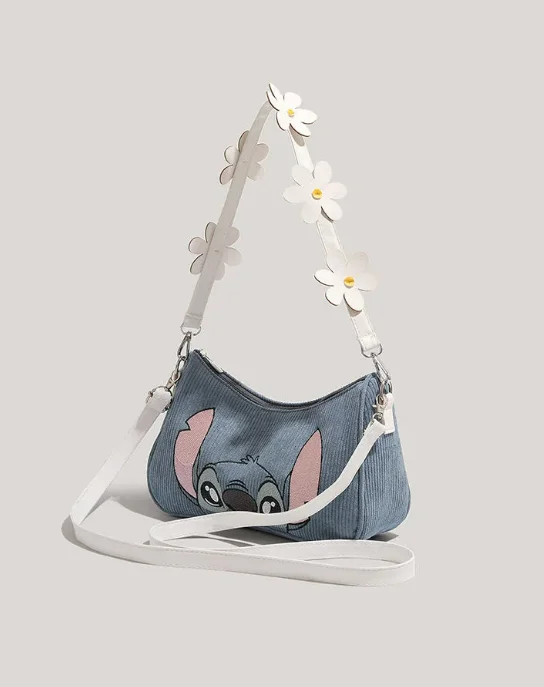 Disney-Sac à main en velours côtelé Stitch pour femme, sac à bandoulière brodé de dessin animé mignon, sac sous les bras initié unique pour filles, 2024