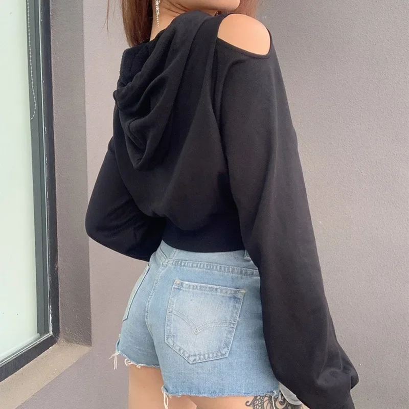 Sexy Hoodie Fashion Women Autumn Spring Long Sleeve Cut Out Chain 2022 Hoodie Short Sweatshirt Hollow Crop Top Women's Clothing