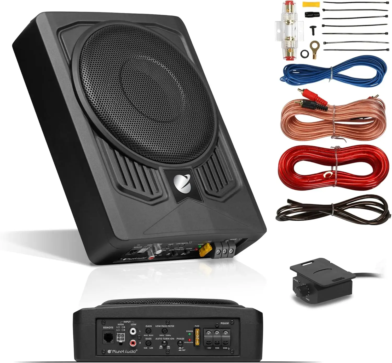 

8-Inch Under-Seat Powered Car Subwoofer with Built-in Amplifier, 800W Output, Remote Control for Trucks