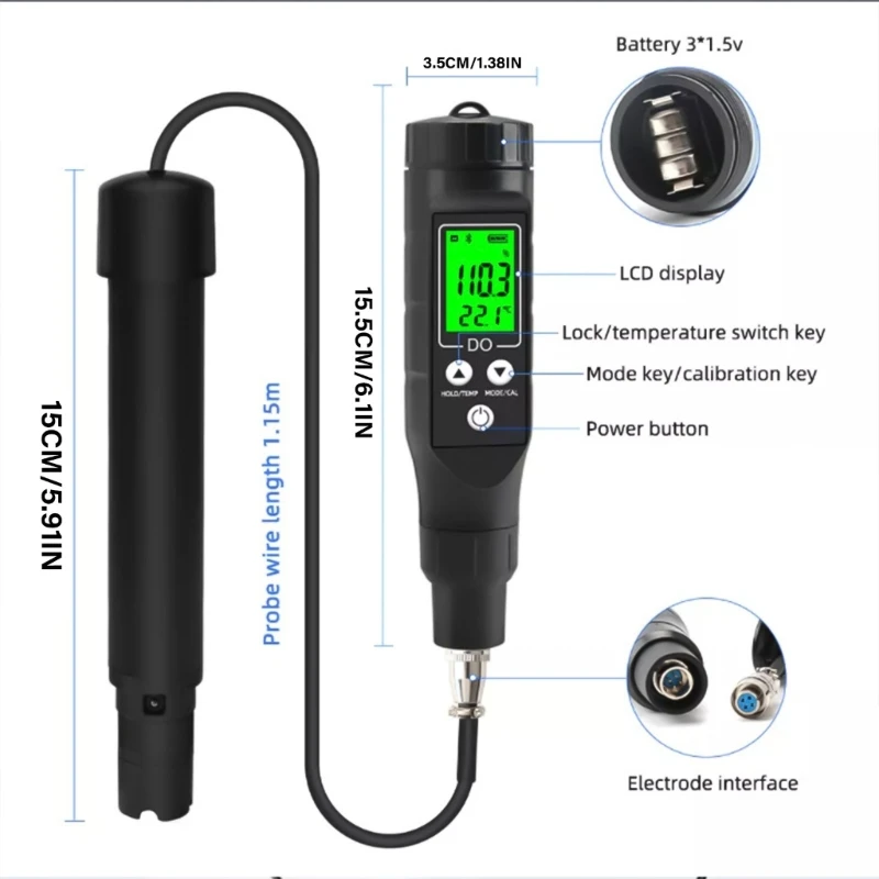 Digital DO Meter Dissolved Meter with ATC Backlit Water Quality Analyzer for Seawater Aquaculture Portable Tester