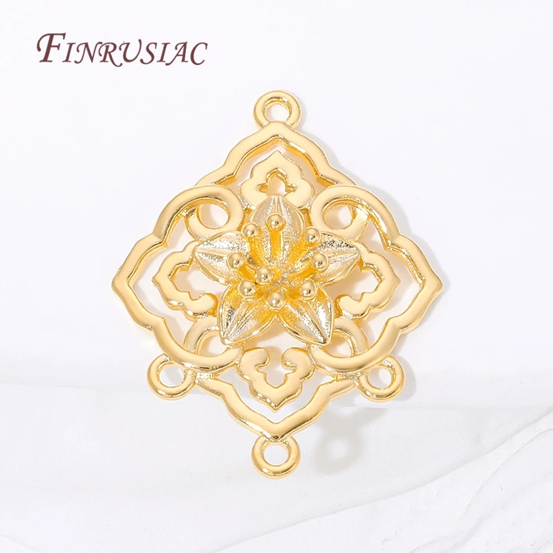 18K Gold Plated Brass Floral Filigree Rhombus Earring Links Multi Rings Charms For DIY Handmade Jewelry Making Accessories